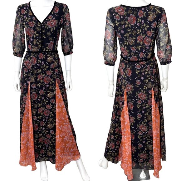 Anthropologie Laia Ines Floral Print Contrast Maxi Dress in Black Motif Size S - Picture 3 of 17